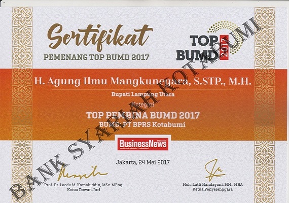 Bupati Lampung Utara H. Agung Ilmu Mangkunegara, S.STP., M.H.  Mendapatkan Sertifikat TOP Pembina BUMD 2017